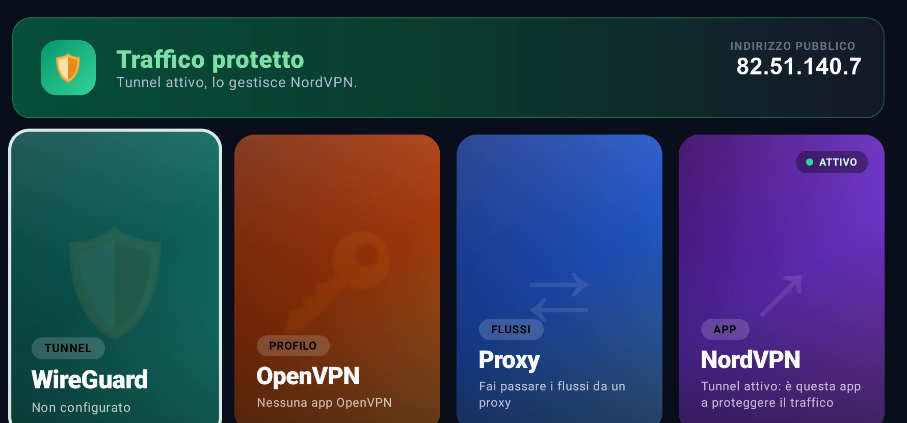 Schermata VPN: WireGuard, OpenVPN, proxy e app installate